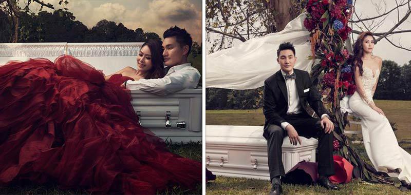 Casal faz ensaio fotográfico de casamento sombrio com um cai