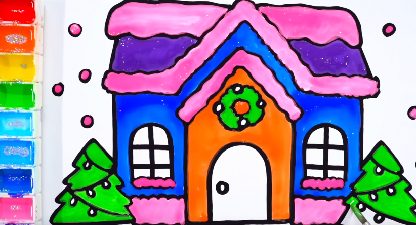 How to draw Christmas House with glitter