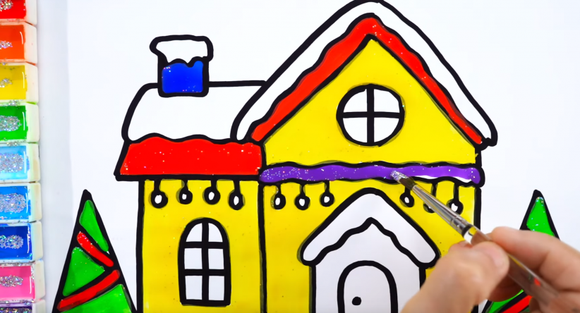 How to draw Christmas House with glitter